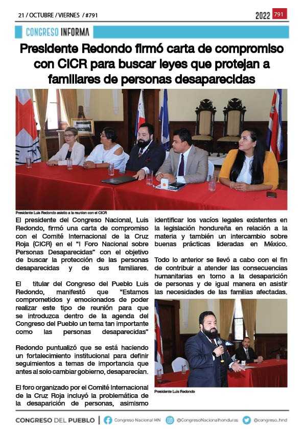 Presidente Redondo firmó carta de compromiso con CICR para buscar leyes que protejan a familiares de personas desaparecidas